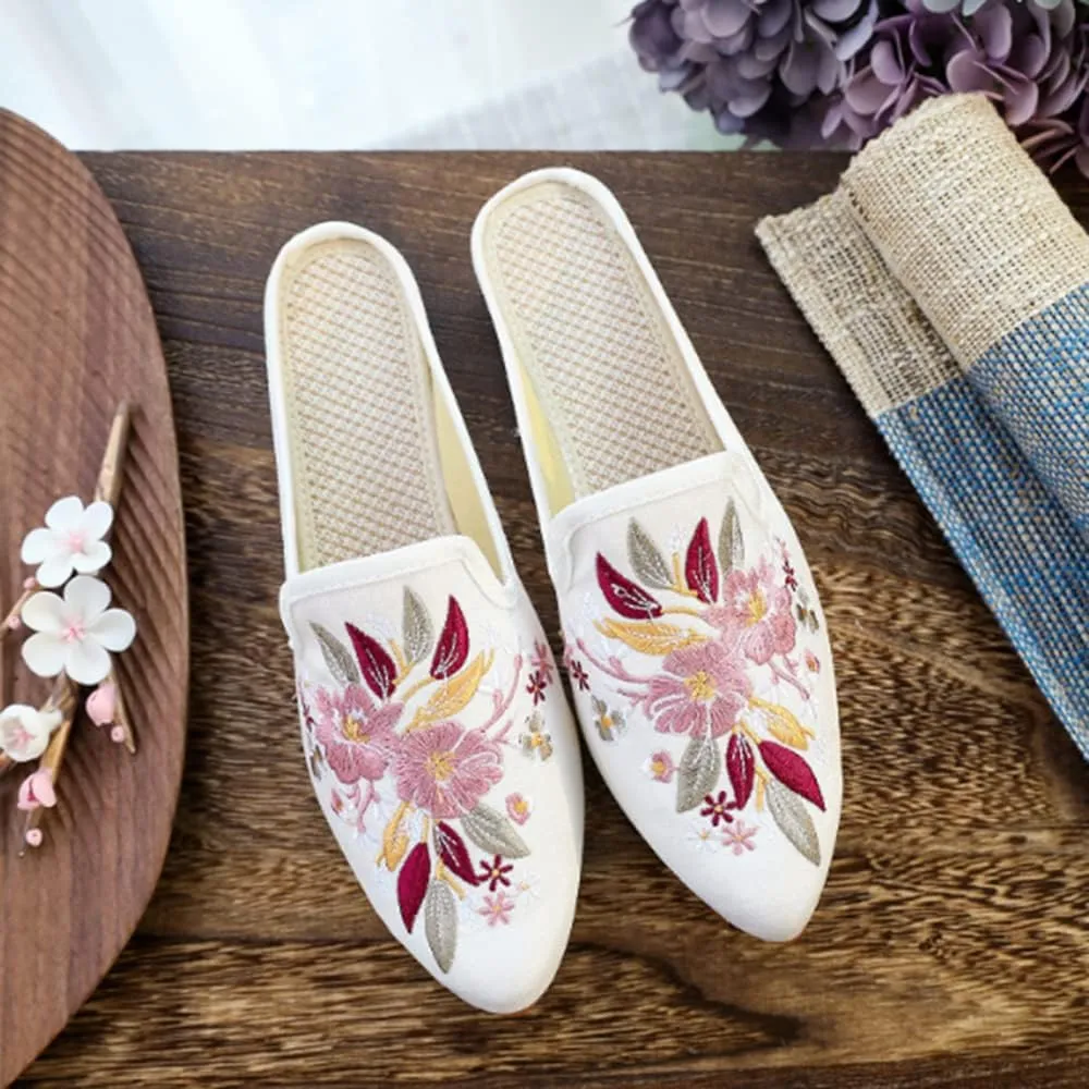 TangDao Women's Embroidered Backless Pointed Toe Slip On Loafers Comfortable Flats Embroidery Mule Slippers Shoes