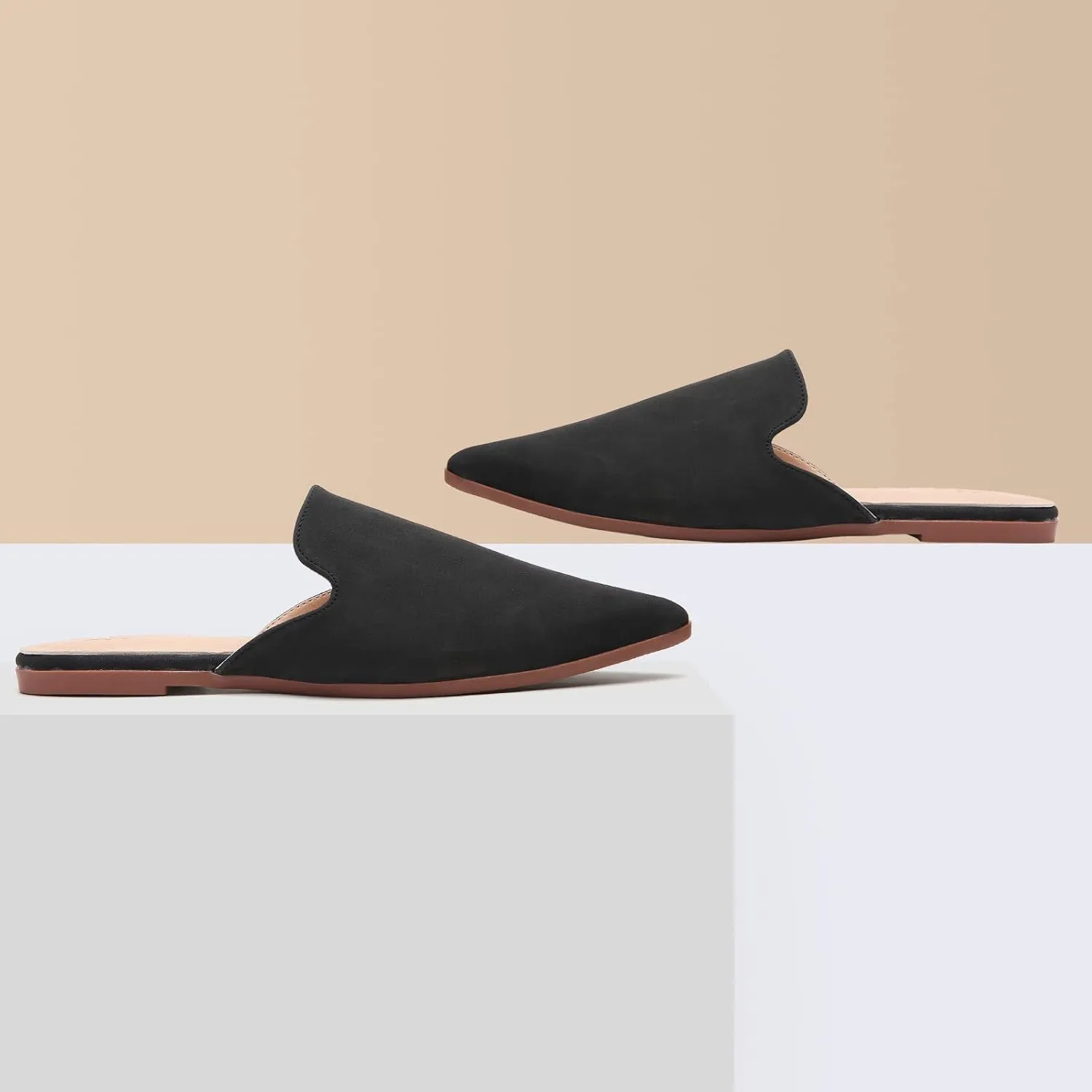 Tilocow Mules for Woman Comfortable Pointed Toe Backless Loafers Flat Mule Business Casual Shoes Slides Slip on