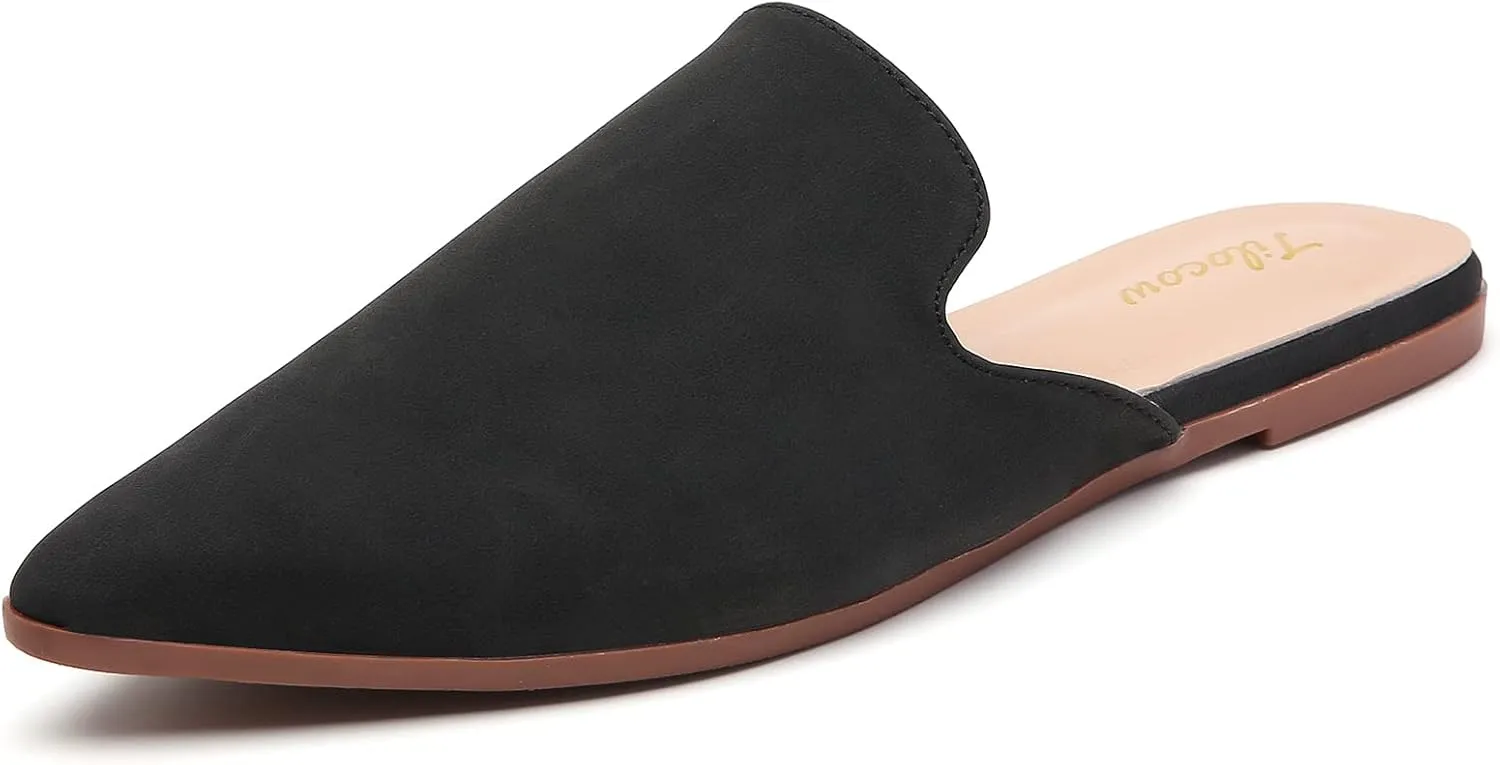 Tilocow Mules for Woman Comfortable Pointed Toe Backless Loafers Flat Mule Business Casual Shoes Slides Slip on
