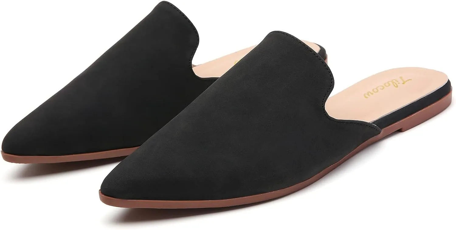 Tilocow Mules for Woman Comfortable Pointed Toe Backless Loafers Flat Mule Business Casual Shoes Slides Slip on