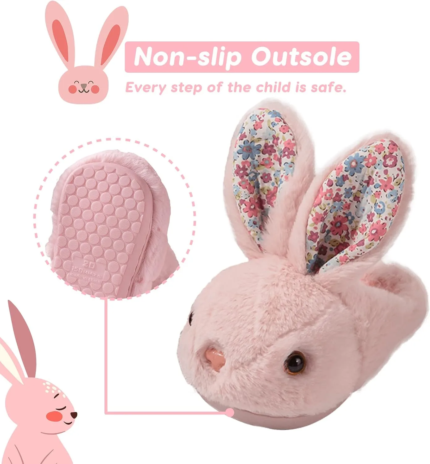 Toddler Bunny Slippers for Girls & Boys, Grey, Unisex, Children's, SLIPPER, Plush, Fur Lining, Anti-Slip, Indoor/Outdoor