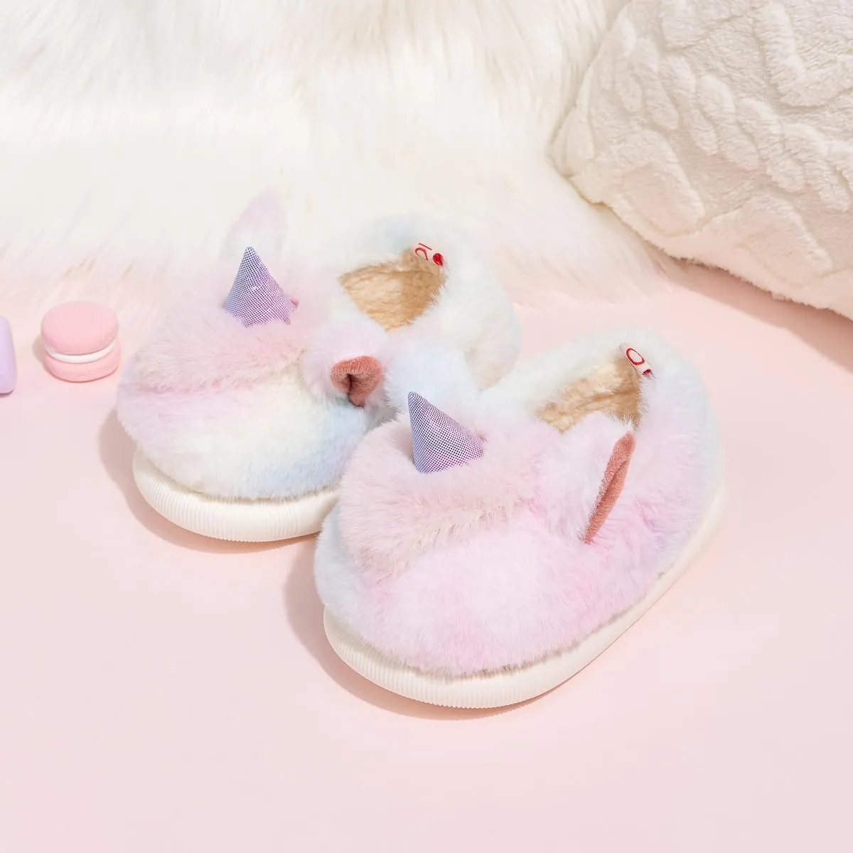 Toddler Girls Cute Unicorn Slippers Fluffy Fuzzy Winter Warm Slipper Cartoon Animal Plush Indoor House Slip-on Shoes