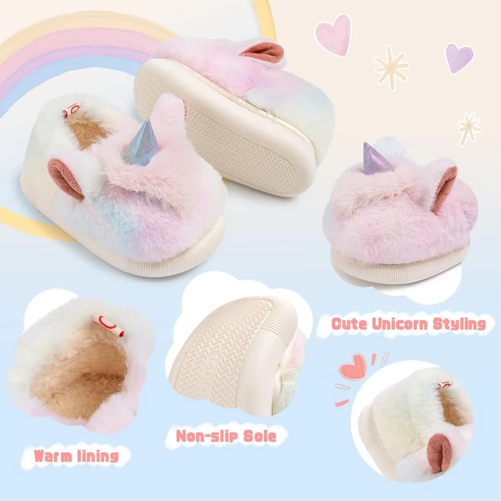 Toddler Girls Cute Unicorn Slippers Fluffy Fuzzy Winter Warm Slipper Cartoon Animal Plush Indoor House Slip-on Shoes