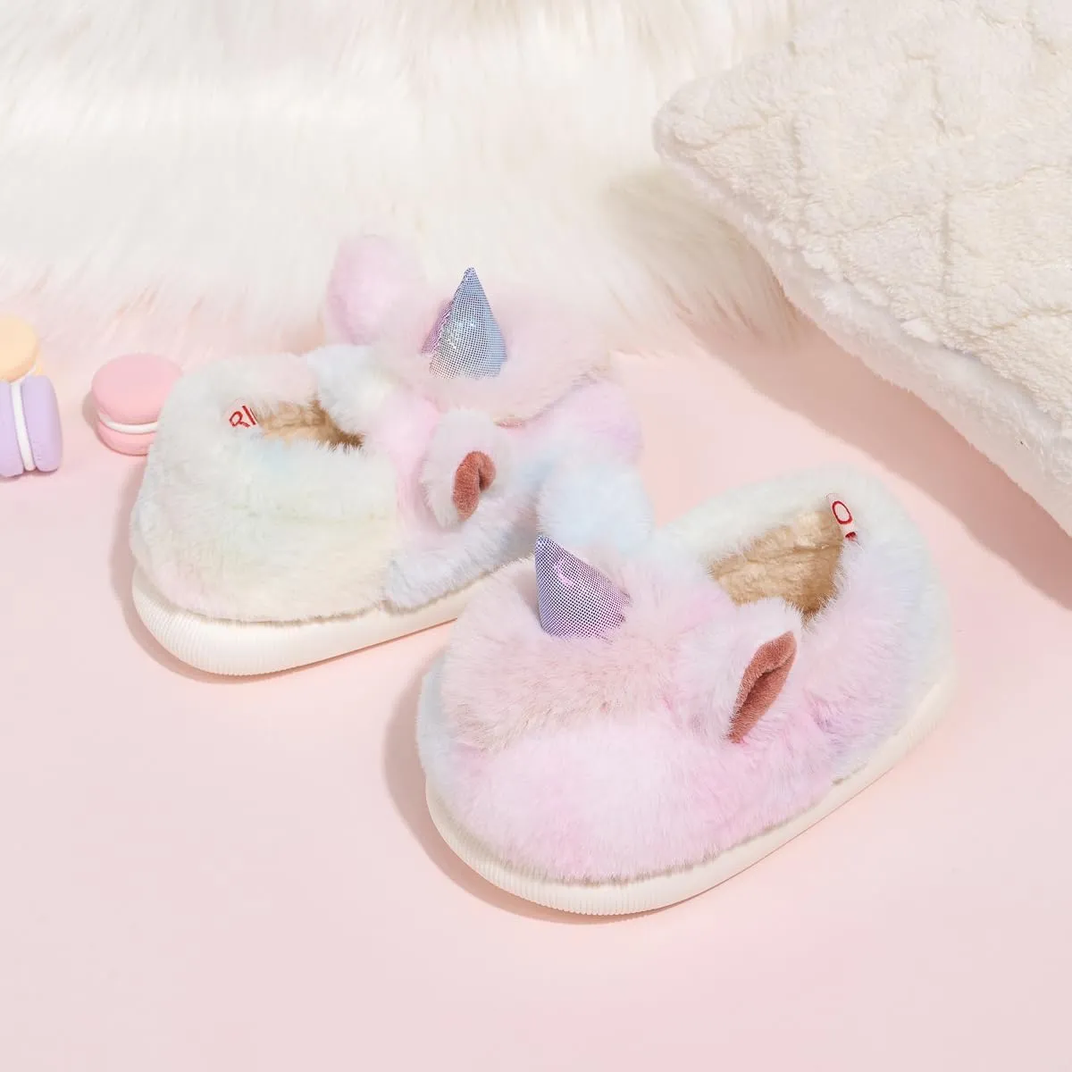 Toddler Girls Cute Unicorn Slippers Fluffy Fuzzy Winter Warm Slipper Cartoon Animal Plush Indoor House Slip-on Shoes