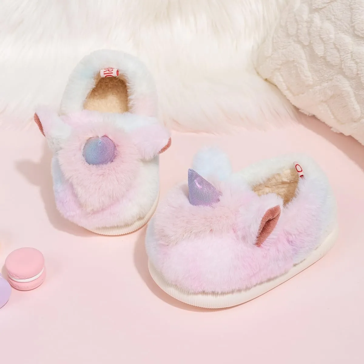 Toddler Girls Cute Unicorn Slippers Fluffy Fuzzy Winter Warm Slipper Cartoon Animal Plush Indoor House Slip-on Shoes