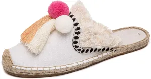 U-lite Women's Comfort Red Tassel & Fluffy Ball Embellishment Canvas Mule Shoes Espadrilles