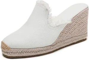 U-lite Womens Platform Wedge Sandals Espadrilles Slip On Dress Summer Mule Slippers Shoes White 8.5