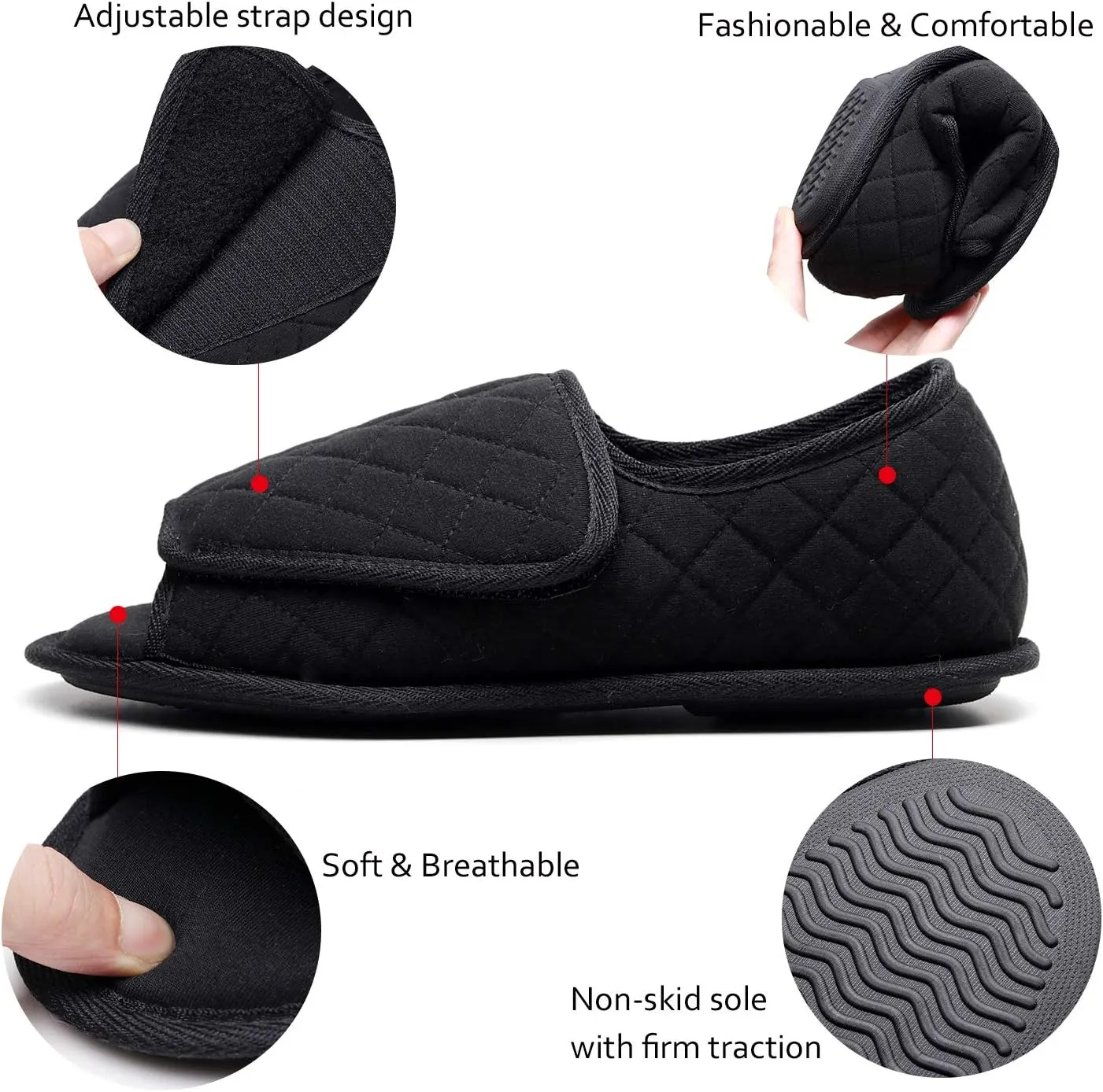 Urbancolor Women Adjustable Indoor Slippers Memory Foam House Shoes Open Toe Diabetic Slipper Arthritis Edema Extra Wide Shoes