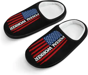 U.S. Postal Worker Flag Funny Flannel Cotton Slippers Comfy House Shoes Non-Slip Washable Winter Warm Gifts