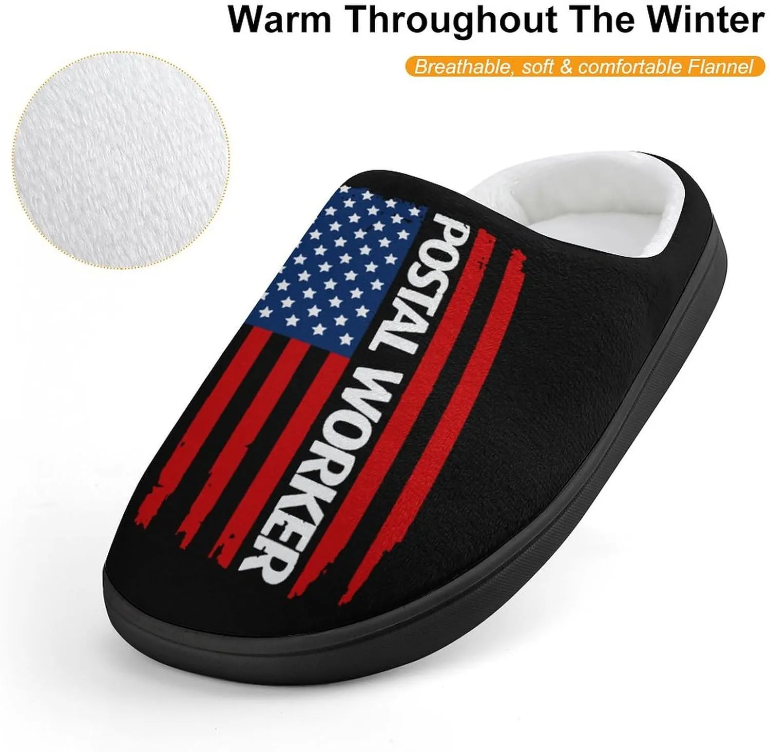 U.S. Postal Worker Flag Funny Flannel Cotton Slippers Comfy House Shoes Non-Slip Washable Winter Warm Gifts