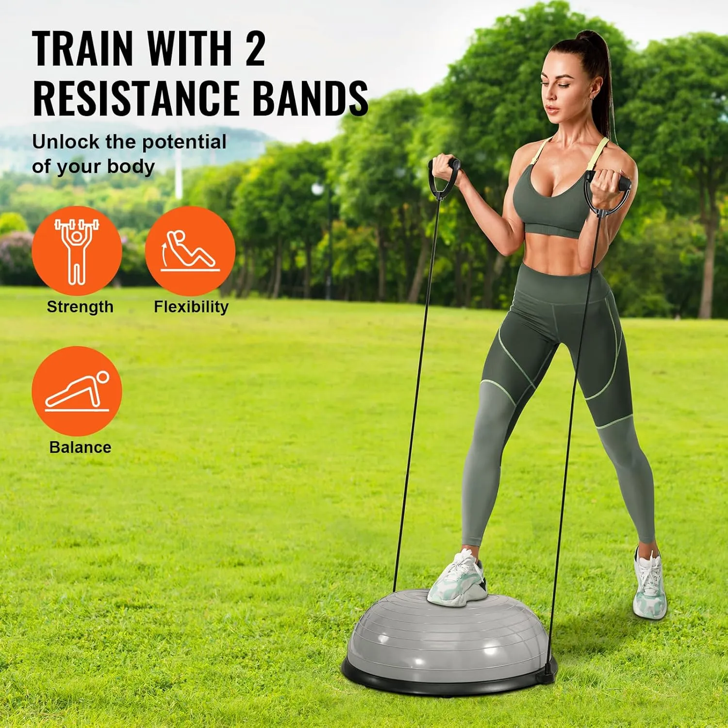 VEVOR Half Exercise Ball Trainer, 23/26 inch Balance Ball Trainer, 1500lbs Capacity Stability Ball, Yoga Ball with Resistance Bands & Foot Pump, Strength Fitness Ball for Home Gym Full Body Workout Black