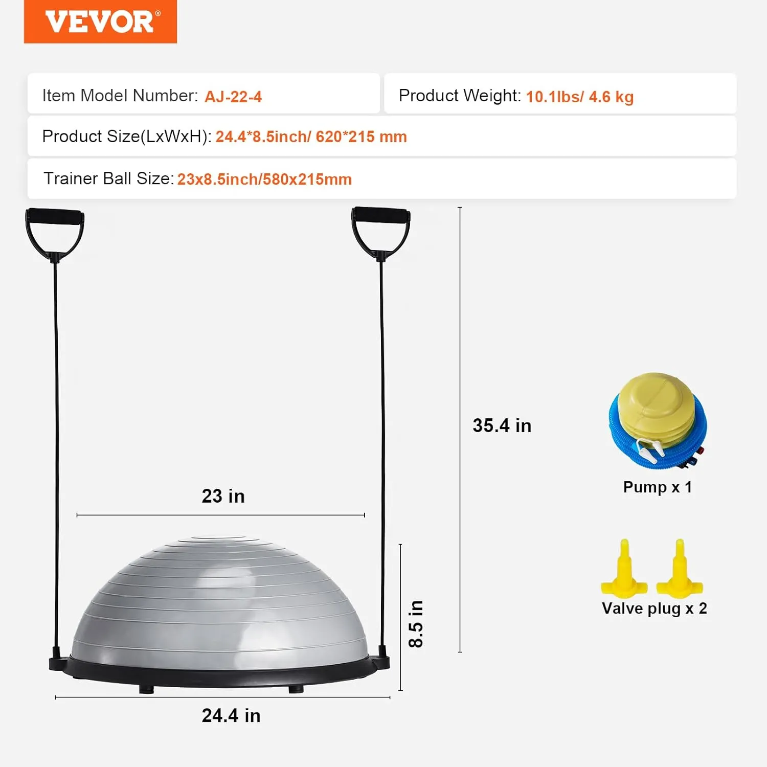 VEVOR Half Exercise Ball Trainer, 23/26 inch Balance Ball Trainer, 1500lbs Capacity Stability Ball, Yoga Ball with Resistance Bands & Foot Pump, Strength Fitness Ball for Home Gym Full Body Workout Black