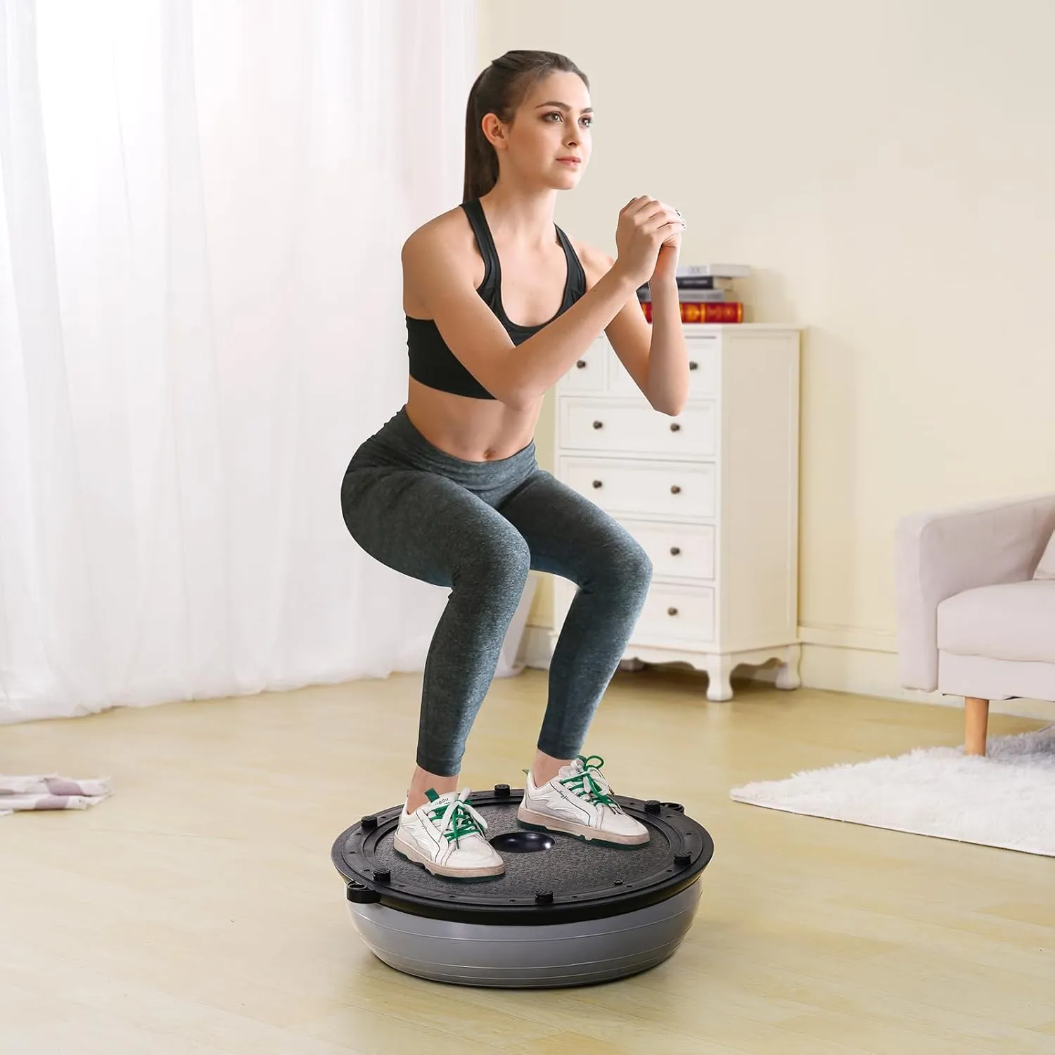 VEVOR Half Exercise Ball Trainer, 23/26 inch Balance Ball Trainer, 1500lbs Capacity Stability Ball, Yoga Ball with Resistance Bands & Foot Pump, Strength Fitness Ball for Home Gym Full Body Workout Black