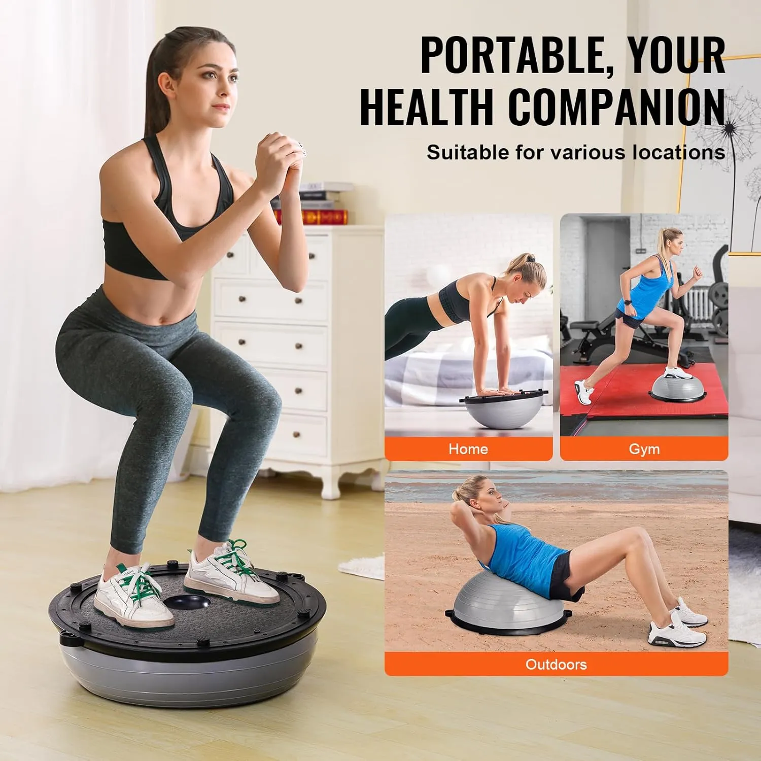 VEVOR Half Exercise Ball Trainer, 23/26 inch Balance Ball Trainer, 1500lbs Capacity Stability Ball, Yoga Ball with Resistance Bands & Foot Pump, Strength Fitness Ball for Home Gym Full Body Workout Black