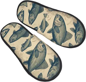 Vintage Different Fish Women's Fuzzy Slippers Slip-on Slipper Soft Comfy Bedroom Slippers Non-slip House Shoes Medium