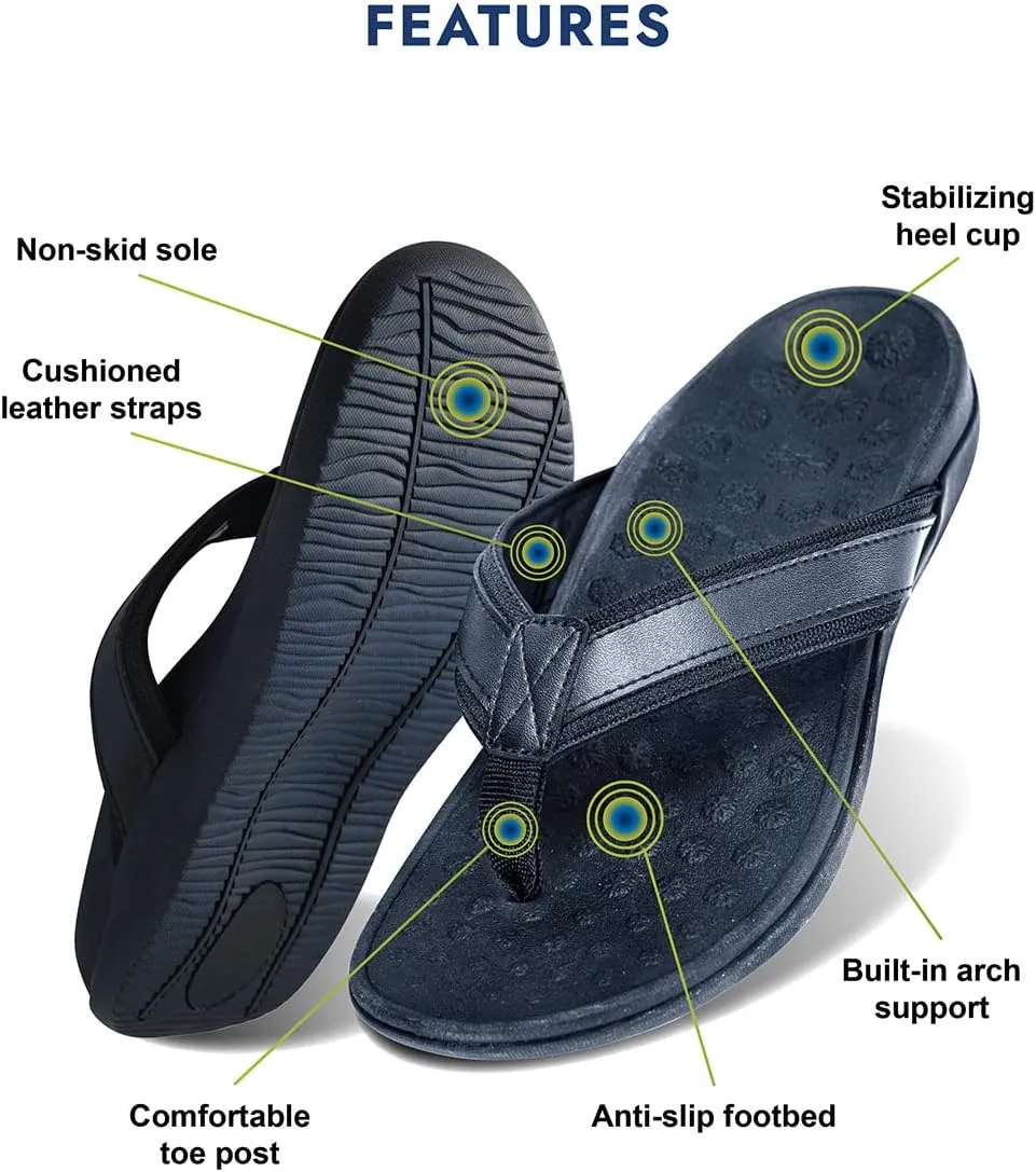 WalkFit Platinum Toe-Post Leather Comfort Support Orthotic Arch Support Sandals, EVA Footbed, Black