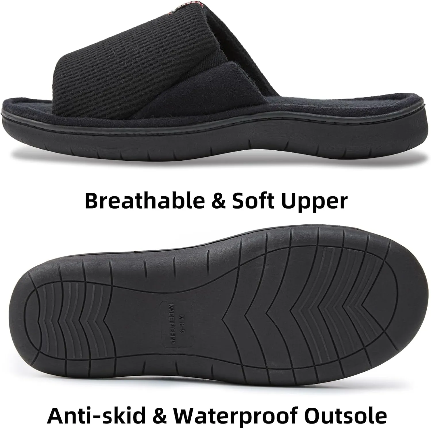 Washable Men's Open Toe House Slippers Lightweight Elastic Top Comfy Slip on Indoor Slippers for Men Breathable Non-Slip Soft Bedroom for All Season Black GreyBlack NavyBlue US8-14