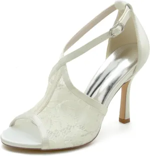 Wedding Shoes for Bride Sandals Heeled Stiletto High Heels with Lace Flower Peep Toe Bridal Shoes Wedding Dress Shoes for Women