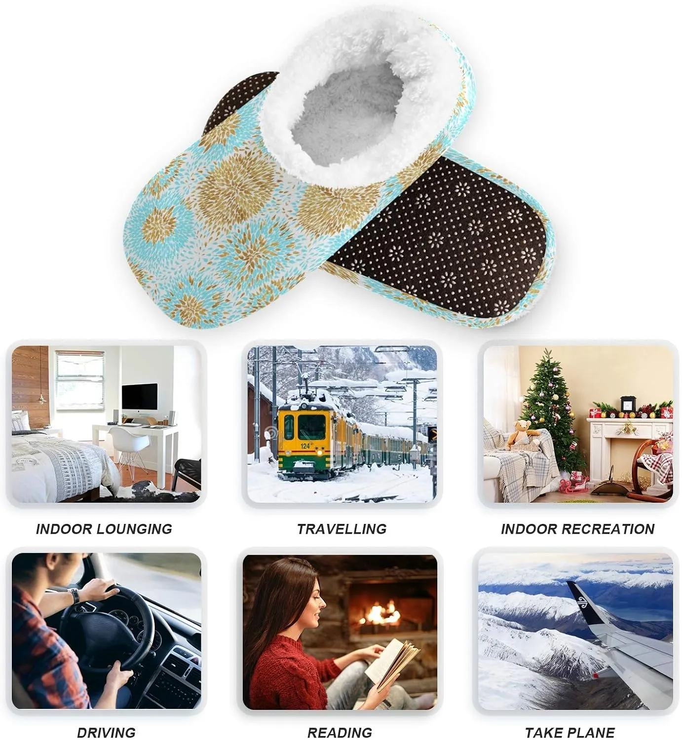 Winter House Slippers for Women/Men with Happy Winter Pug Dog Element Cozy Fleece Slippers
