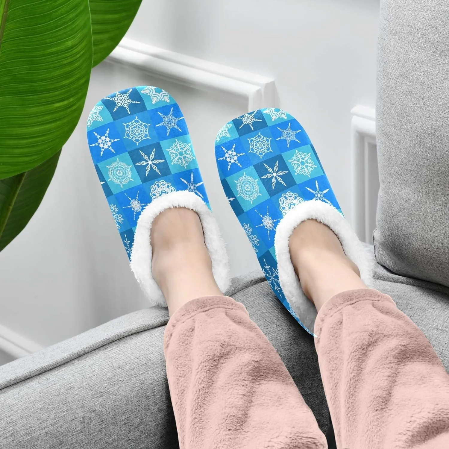 Winter House Slippers for Women/Men with Mandala Grid Element Cozy Fleece Slippers
