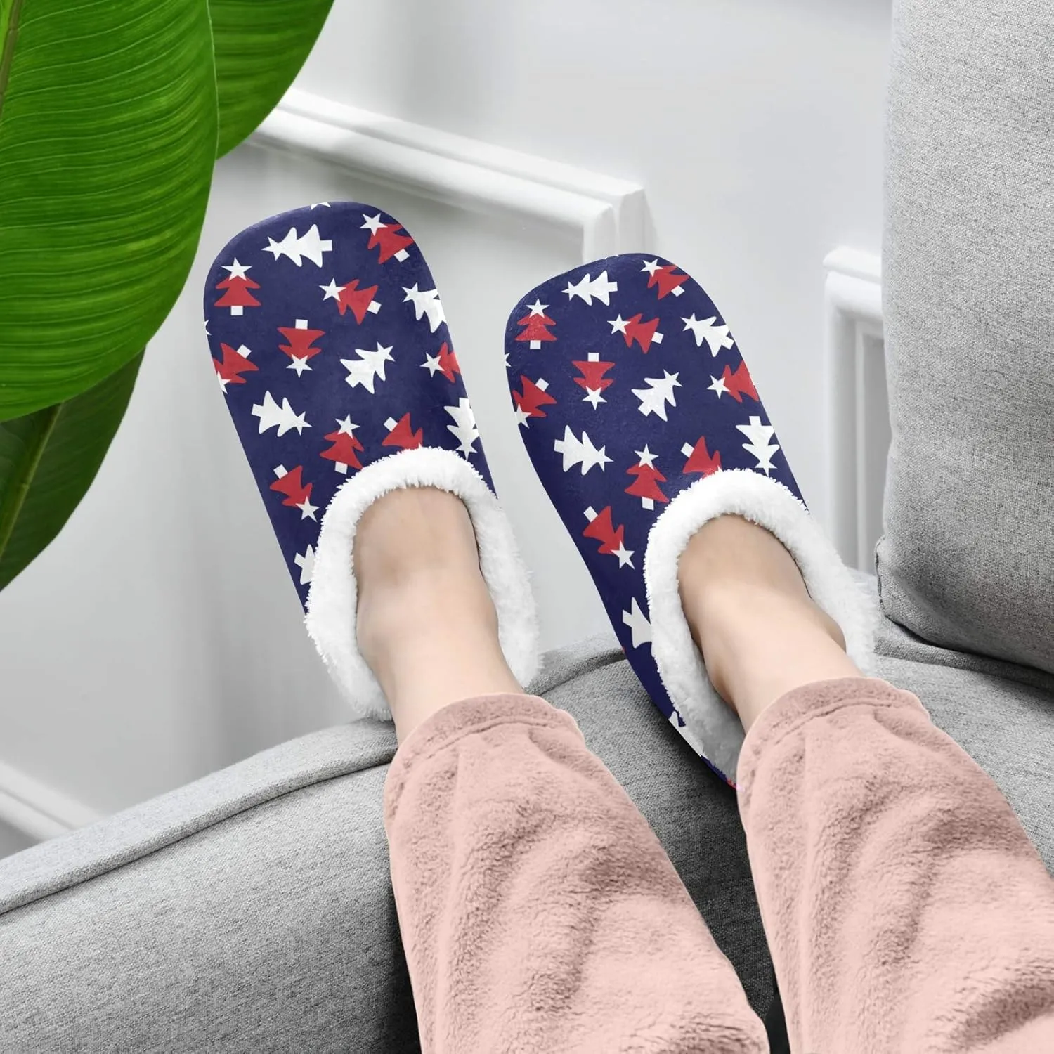 Winter House Slippers for Women/Men with Tropical Jungle Palm Leaves Element Cozy Fleece Slippers