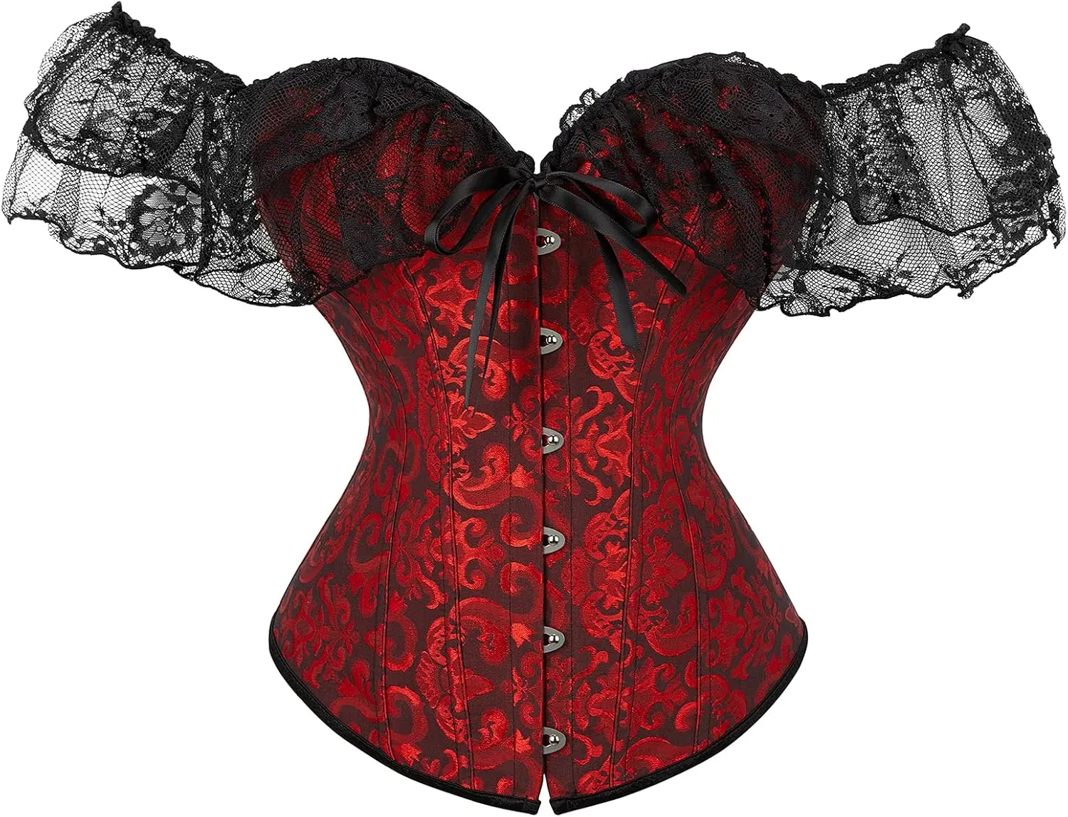 Women Corset Top with Lace Sleeve Lace Up Sexy Bustier Lingerie Waist Trainer Costume Tops