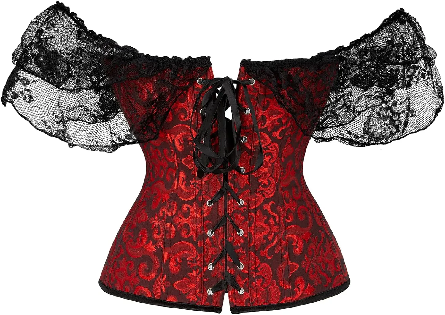 Women Corset Top with Lace Sleeve Lace Up Sexy Bustier Lingerie Waist Trainer Costume Tops