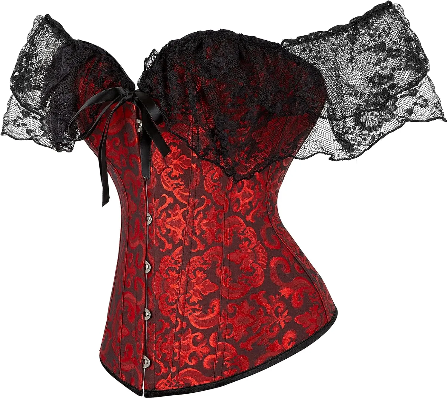 Women Corset Top with Lace Sleeve Lace Up Sexy Bustier Lingerie Waist Trainer Costume Tops