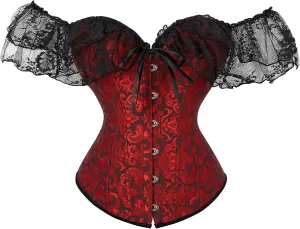 Women Corset Top with Lace Sleeve Lace Up Sexy Bustier Lingerie Waist Trainer Costume Tops