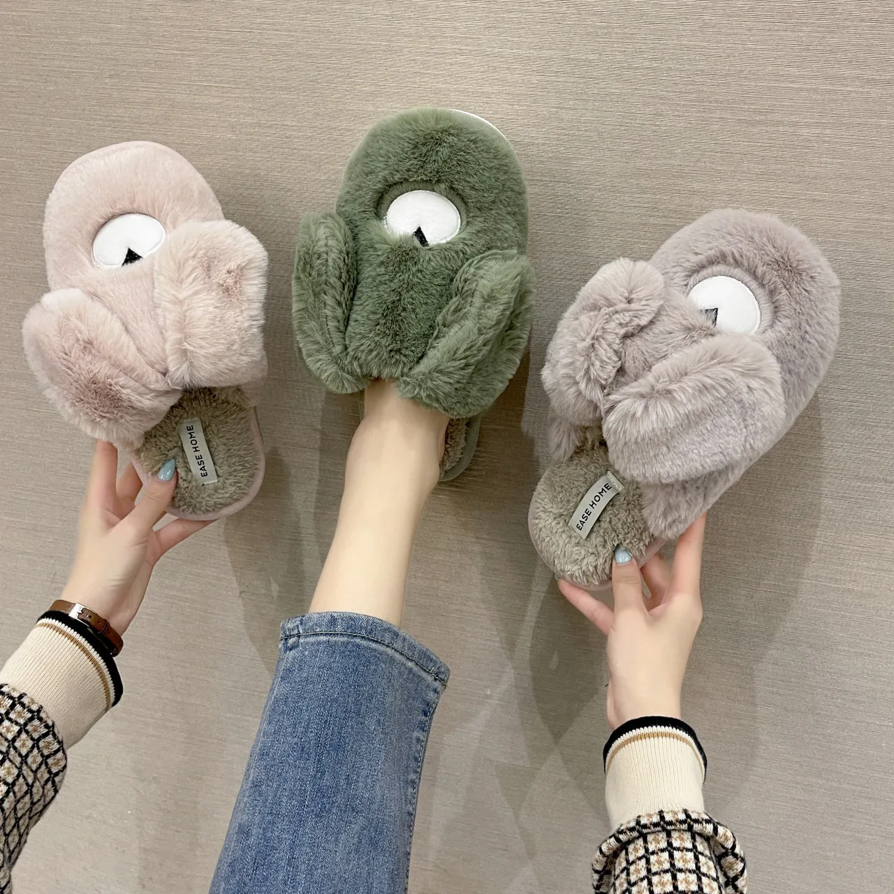 Women Cottom House Slippers Plush Faux Fur Slide Slippers 22S18