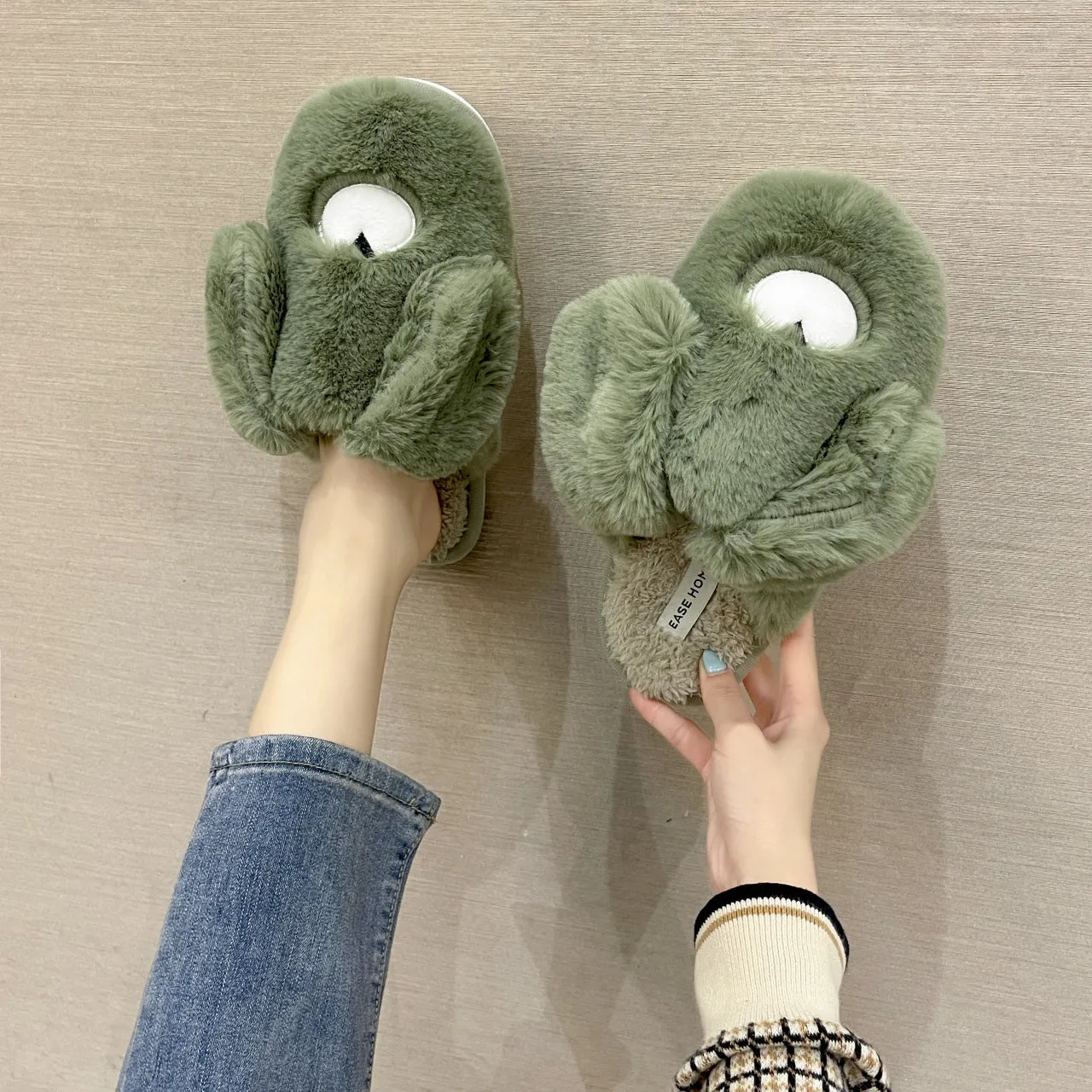 Women Cottom House Slippers Plush Faux Fur Slide Slippers 22S18