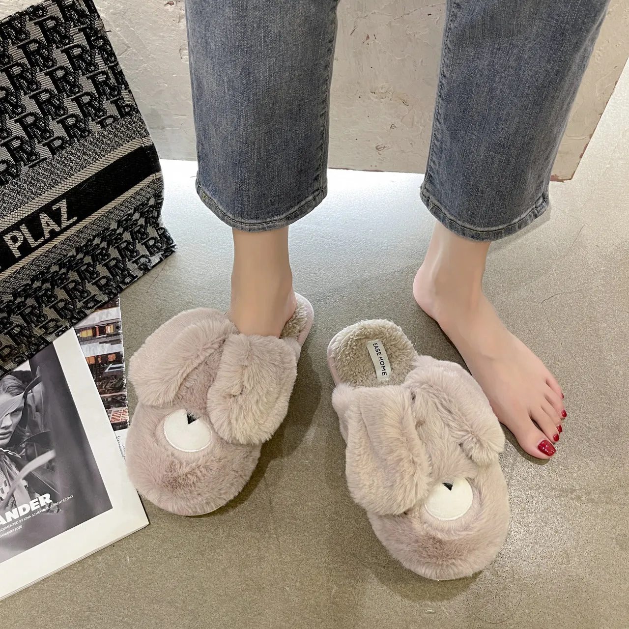 Women Cottom House Slippers Plush Faux Fur Slide Slippers 22S18