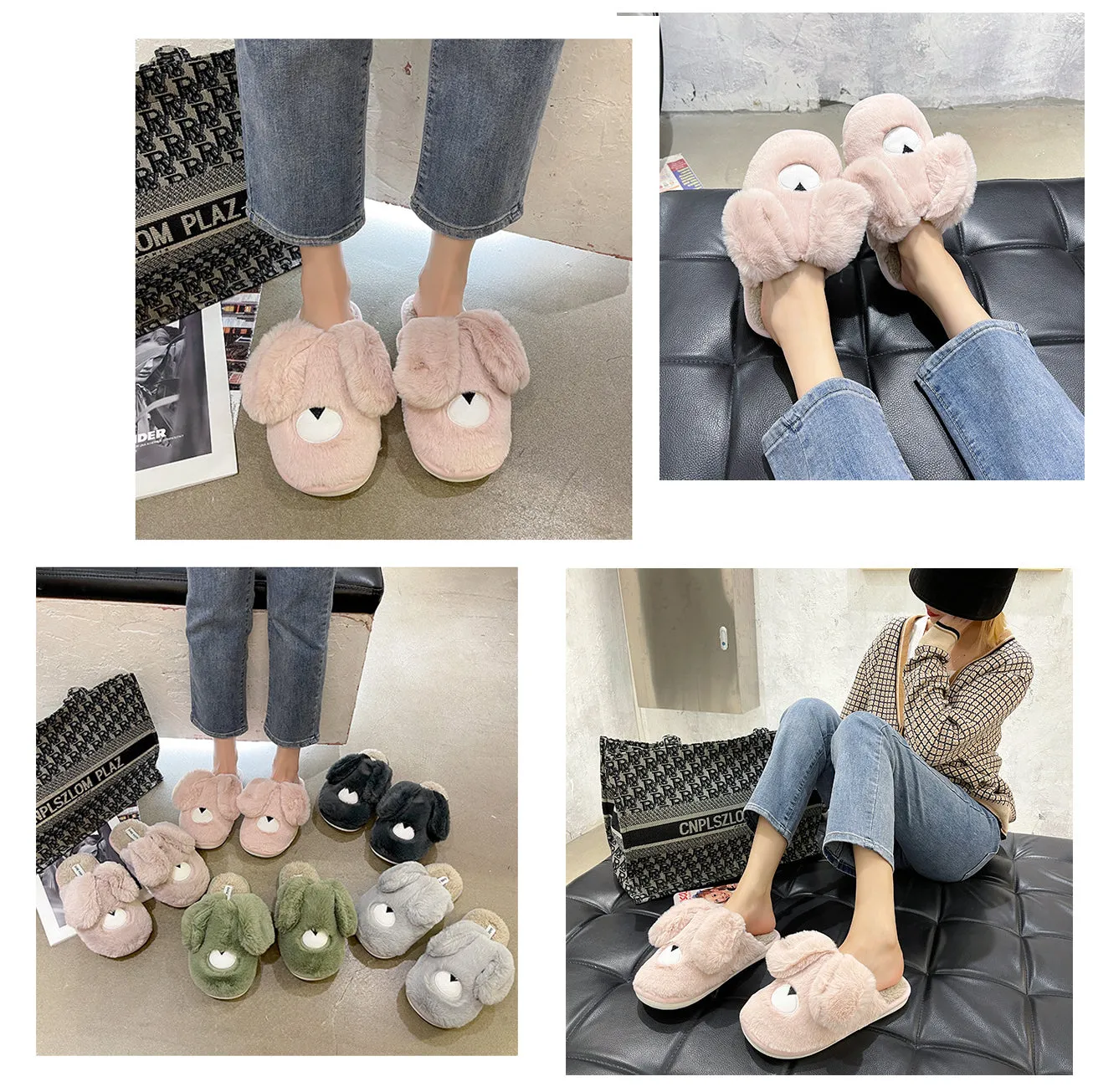 Women Cottom House Slippers Plush Faux Fur Slide Slippers 22S18