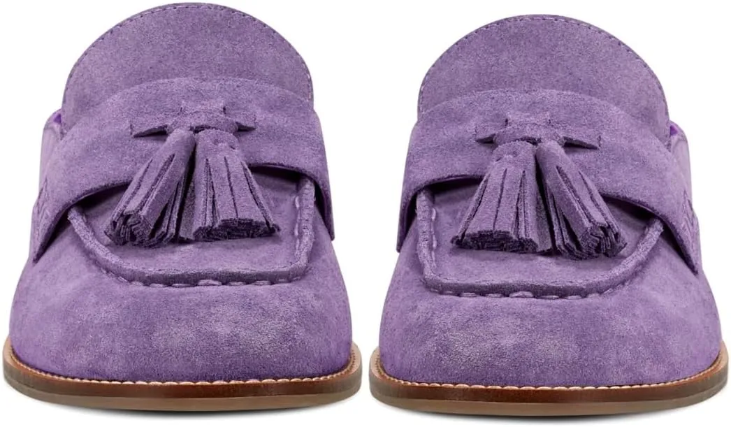 Women Flat Tassel Mules Closed Round Toe Slip On Fringe Loafers Backless 1 Inch Low Chunky Stacked Heeled Sandals Suede Metallic Slip-Ons Clogs Comfy Slide Slippers Daily Casual 4-11 M US