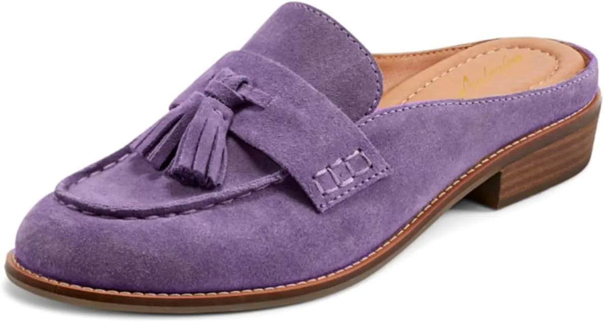 Women Flat Tassel Mules Closed Round Toe Slip On Fringe Loafers Backless 1 Inch Low Chunky Stacked Heeled Sandals Suede Metallic Slip-Ons Clogs Comfy Slide Slippers Daily Casual 4-11 M US