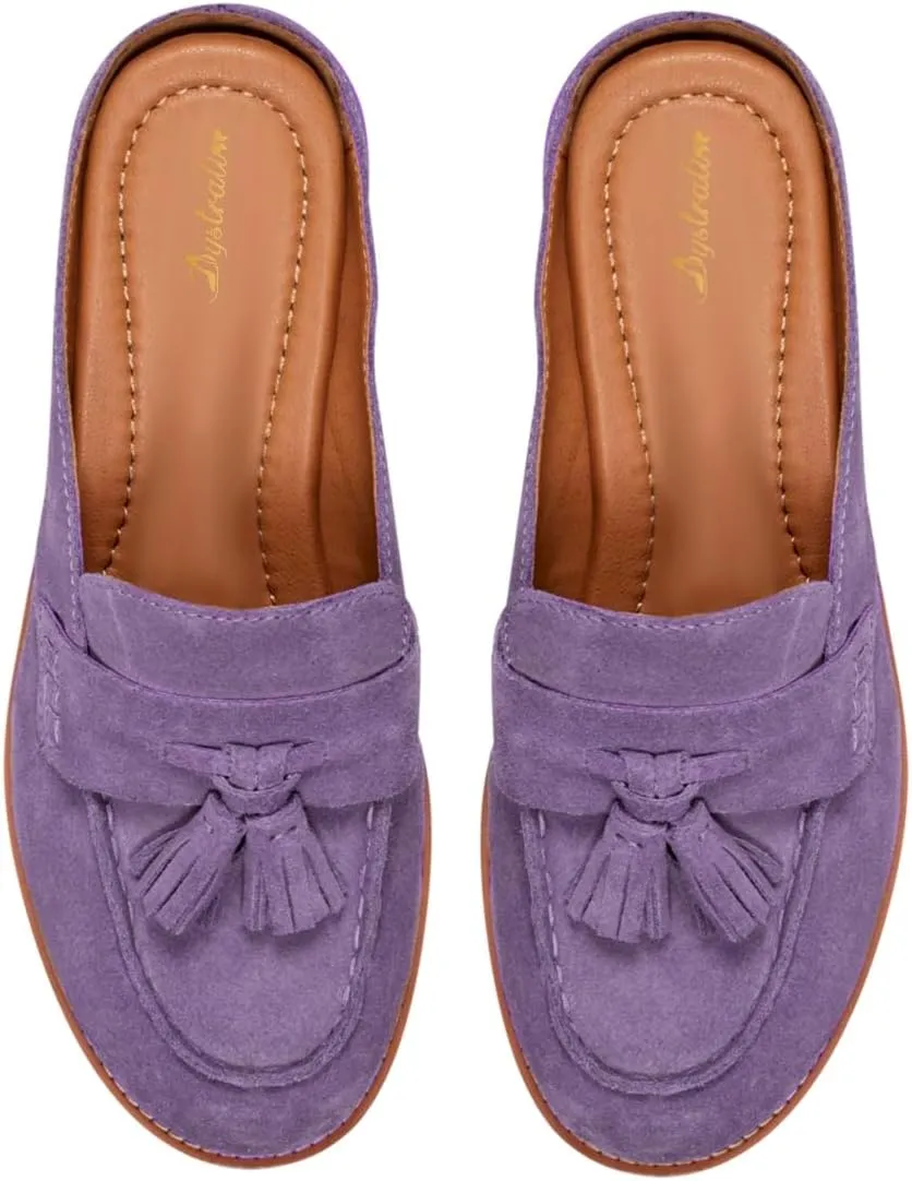 Women Flat Tassel Mules Closed Round Toe Slip On Fringe Loafers Backless 1 Inch Low Chunky Stacked Heeled Sandals Suede Metallic Slip-Ons Clogs Comfy Slide Slippers Daily Casual 4-11 M US