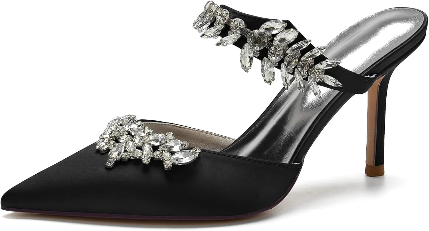 Women Heeled Mules Rhinestone Strappy Pointed Toe Mules Stiletto High Heels Wedding Bridal Dress Sandals for Women