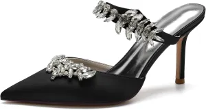 Women Heeled Mules Rhinestone Strappy Pointed Toe Mules Stiletto High Heels Wedding Bridal Dress Sandals for Women