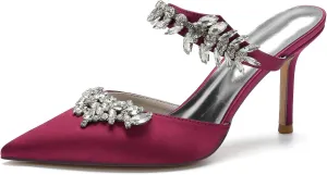 Women Heeled Mules Rhinestone Strappy Pointed Toe Mules Stiletto High Heels Wedding Bridal Dress Sandals for Women