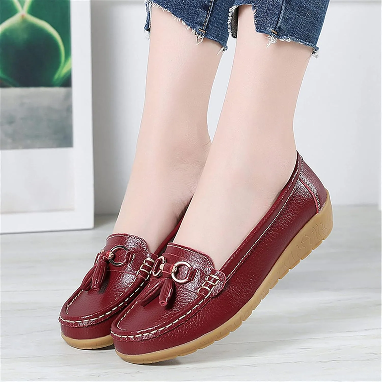 Women Loafers Leather Rubber Sole Slip On Walking Flats Casual Moccasin Boat Shoes
