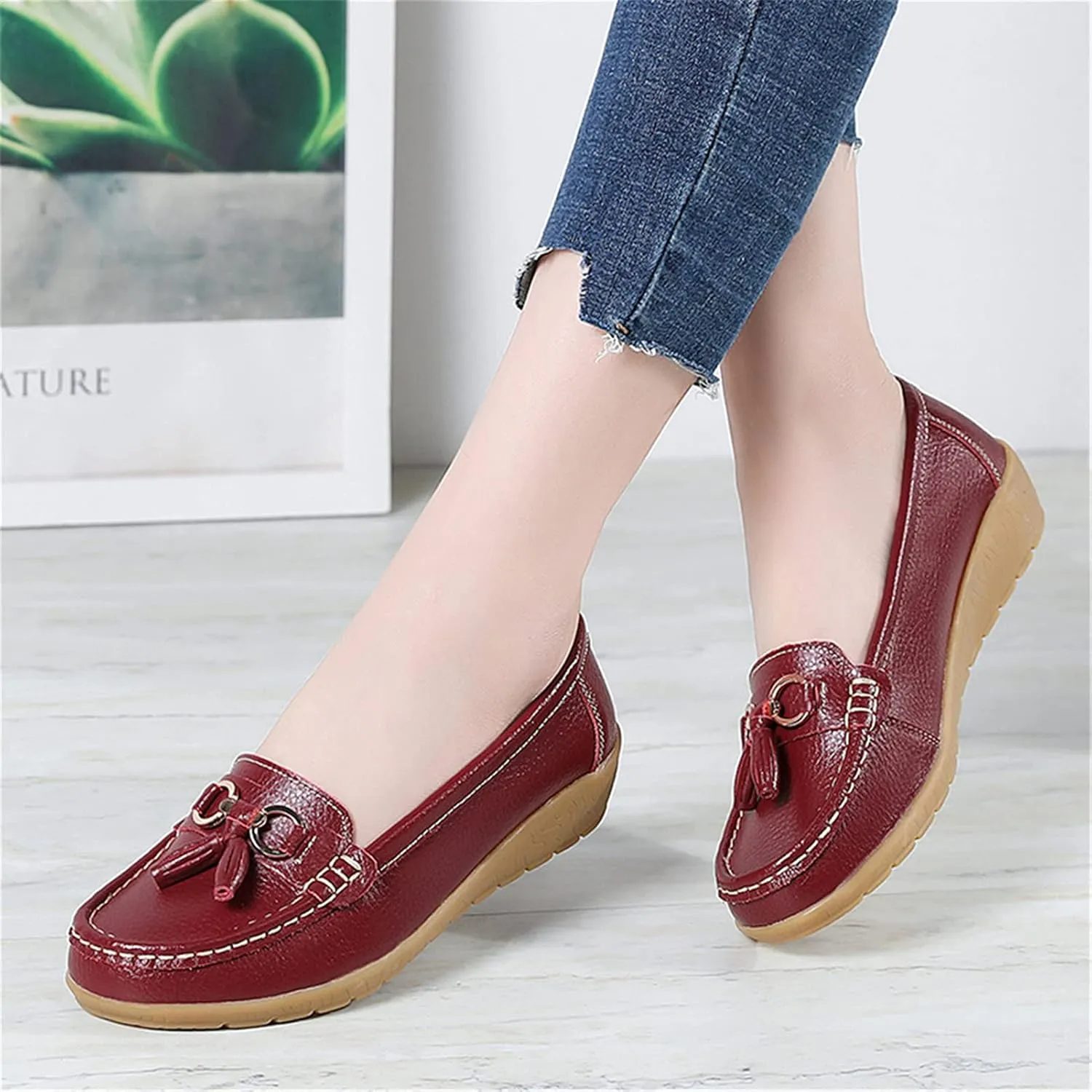 Women Loafers Leather Rubber Sole Slip On Walking Flats Casual Moccasin Boat Shoes