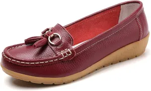 Women Loafers Leather Rubber Sole Slip On Walking Flats Casual Moccasin Boat Shoes