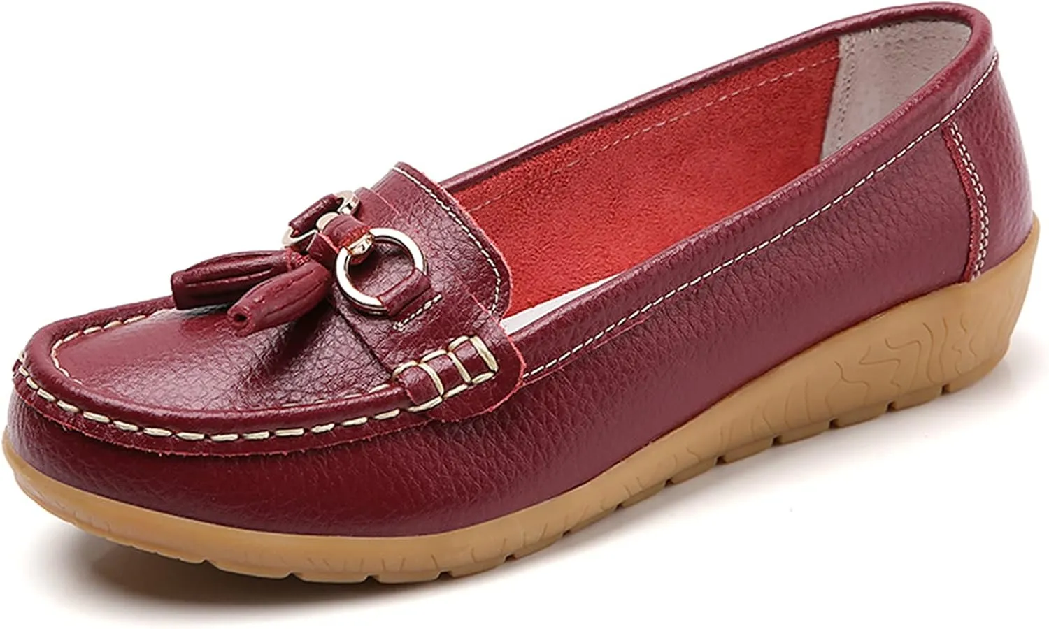 Women Loafers Leather Rubber Sole Slip On Walking Flats Casual Moccasin Boat Shoes