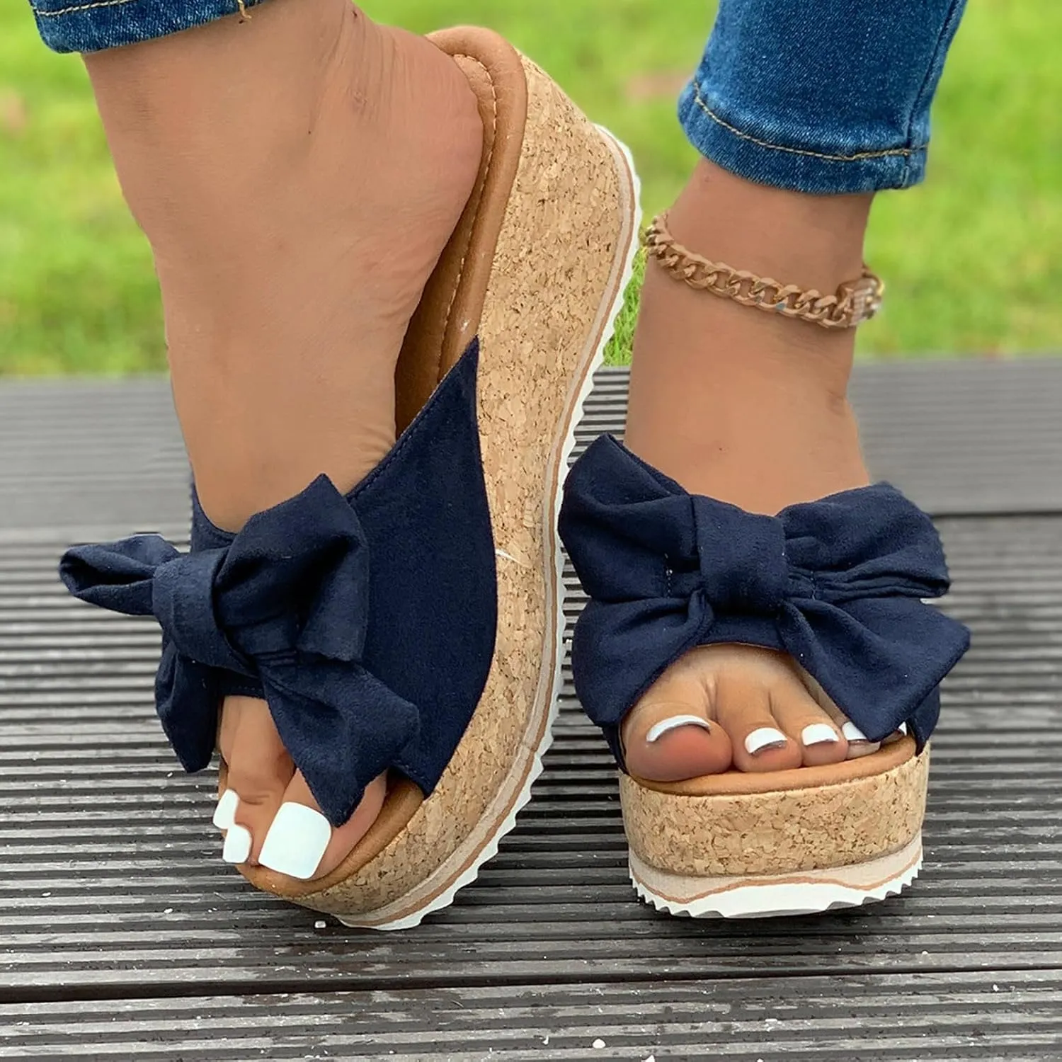 Women Platform Beach Slippers Wedge Heel Flip Flops Shoes Sandals Wide Width Slip On Peep Toe with Bow Non-Slip Summer Slingback Slipper Vacation Travel Outdoor Going Out Flip Flops