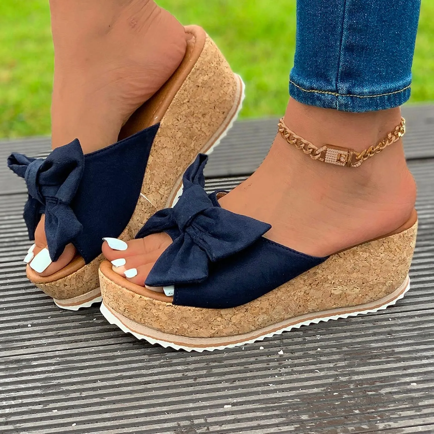 Women Platform Beach Slippers Wedge Heel Flip Flops Shoes Sandals Wide Width Slip On Peep Toe with Bow Non-Slip Summer Slingback Slipper Vacation Travel Outdoor Going Out Flip Flops