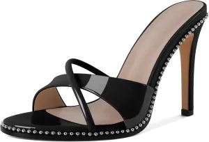 Women Stilettos High Heels Mules Open Round Toe Sandals Slip-on Comfort Sexy Dress Beaded Pumps Sandals Evening Party Prom 4 Inch Heeled Sandals