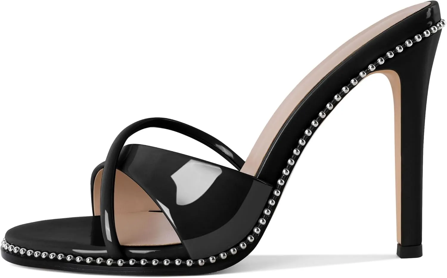 Women Stilettos High Heels Mules Open Round Toe Sandals Slip-on Comfort Sexy Dress Beaded Pumps Sandals Evening Party Prom 4 Inch Heeled Sandals