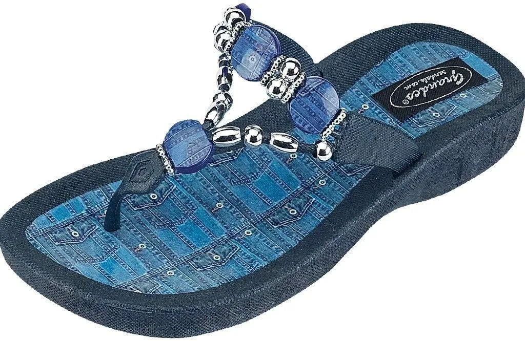 Women's 25574d Denim Beaded Waterproof Sole Thong Flip-Flop Sandals