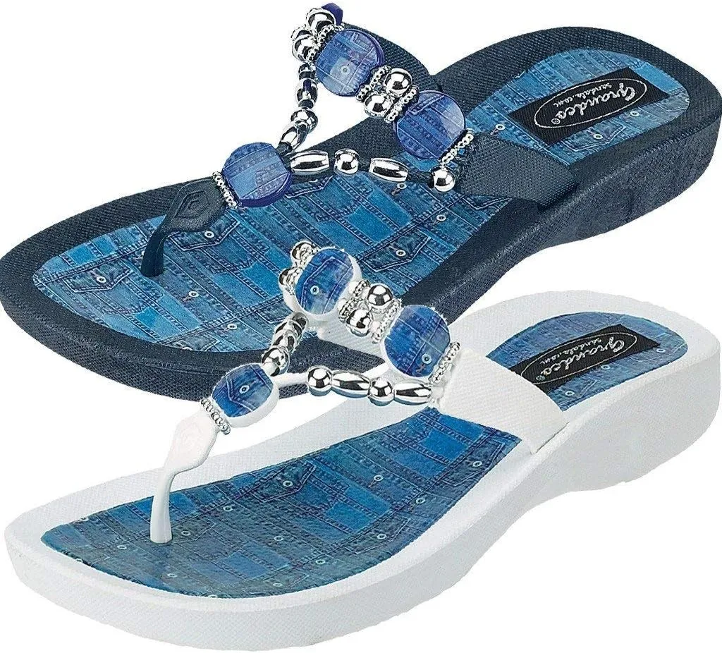 Women's 25574d Denim Beaded Waterproof Sole Thong Flip-Flop Sandals