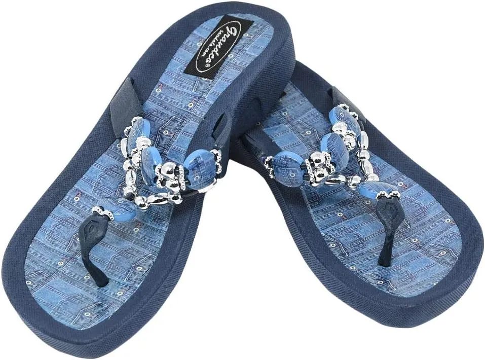 Women's 25574d Denim Beaded Waterproof Sole Thong Flip-Flop Sandals